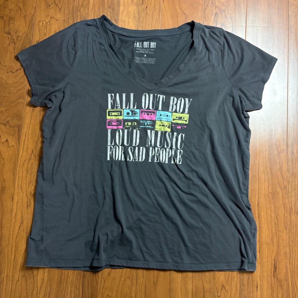 Fall Out Boy Loud Music For Sad People Cassette V-Neck Graphic Tee Gray Size 2
